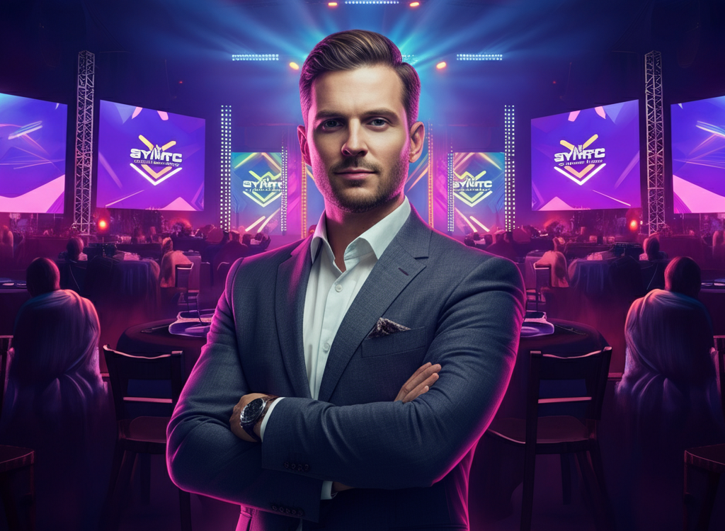 A confident business leader in a suit standing on a vibrant, high-tech event stage with dynamic lighting and LED screens.
