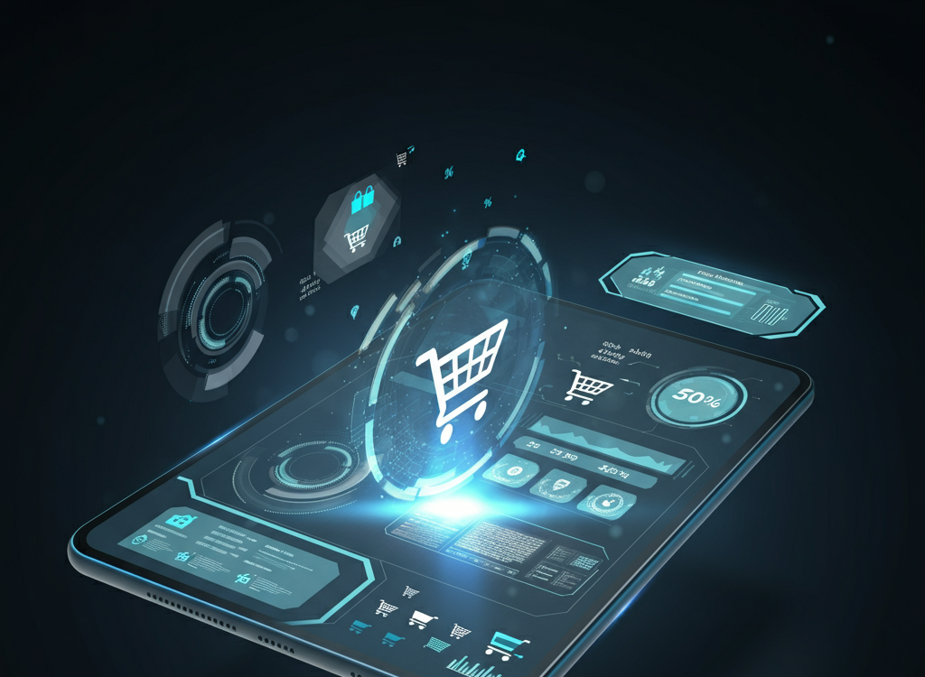 A futuristic AI-powered shopping assistant interface with glowing holographic elements for price comparisons and smart shopping.