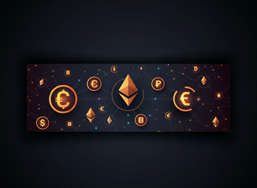 Futuristic digital finance theme with cryptocurrency symbols and blockchain elements.
