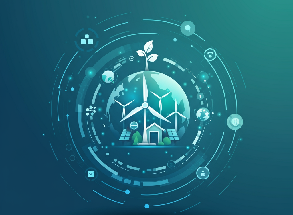 Futuristic and innovative theme with interconnected networks, technology, and sustainability.