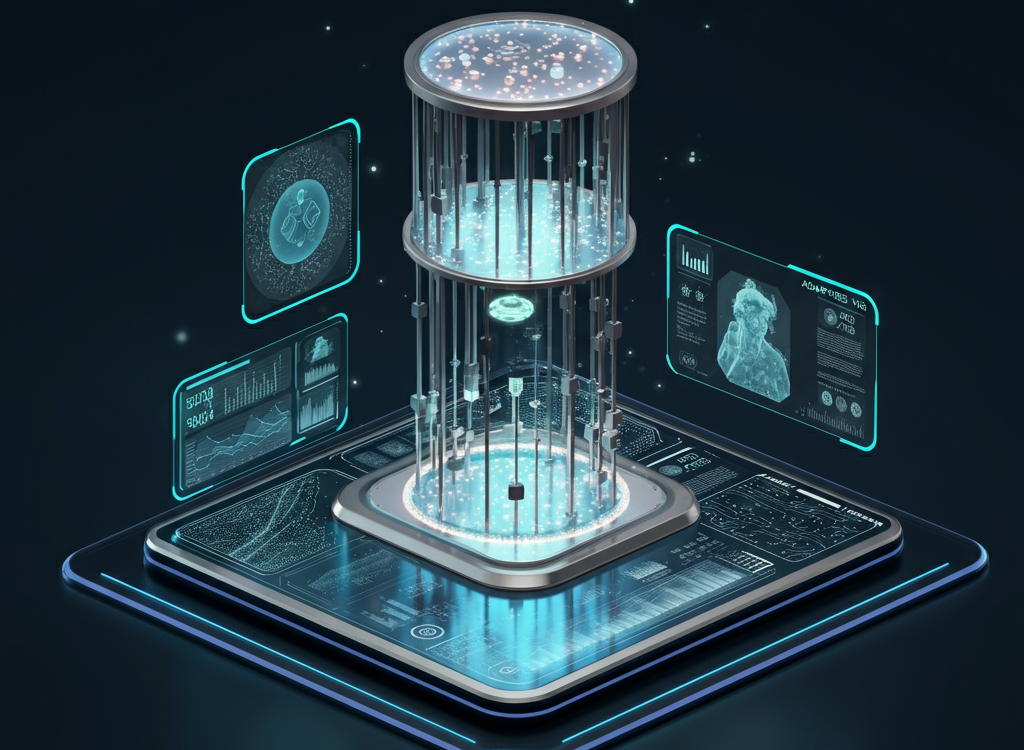 A futuristic depiction of advanced technology with holographic interfaces and quantum computing elements.