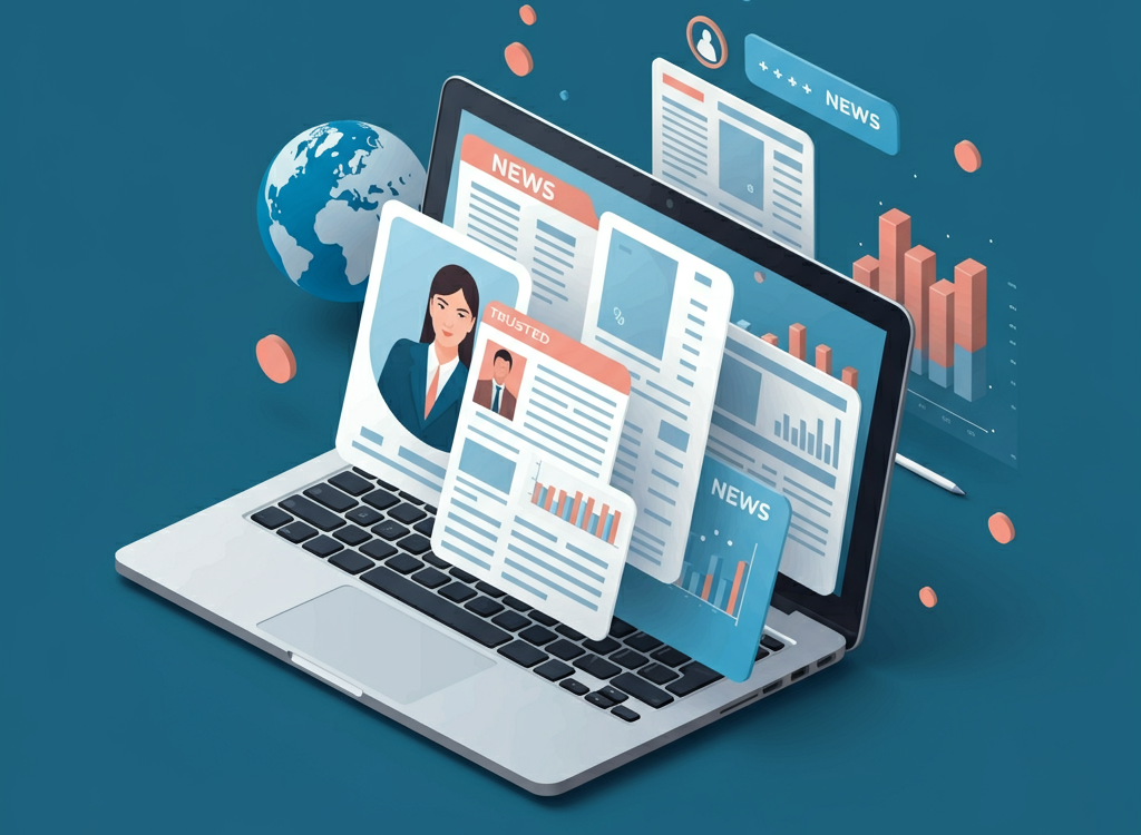 Illustration of a digital newsroom with a laptop, news articles, and a globe, symbolizing trusted global digital insights from LogicalShout News.