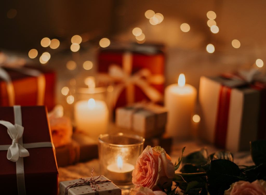Romantic-themed feature image with candles, flowers, and gift boxes.