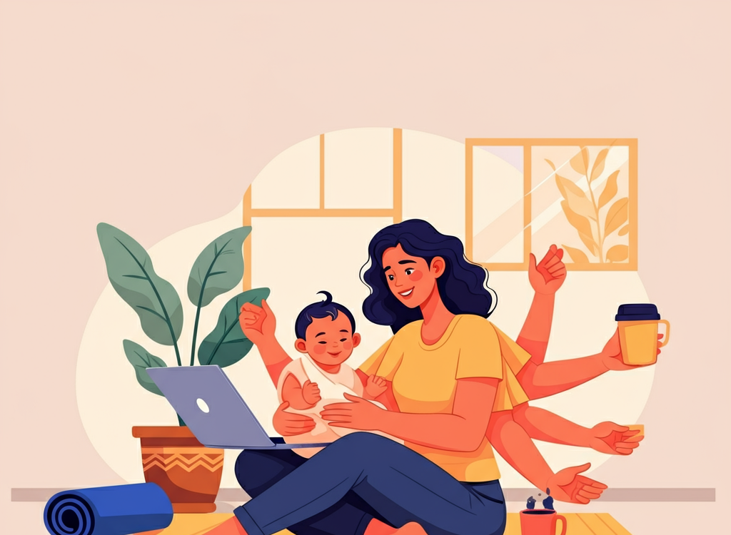 Illustration of a modern mom balancing parenting, work, and self-care.