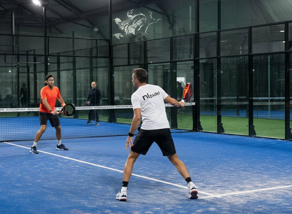 Dynamic padel match on a modern court, showcasing players in action.