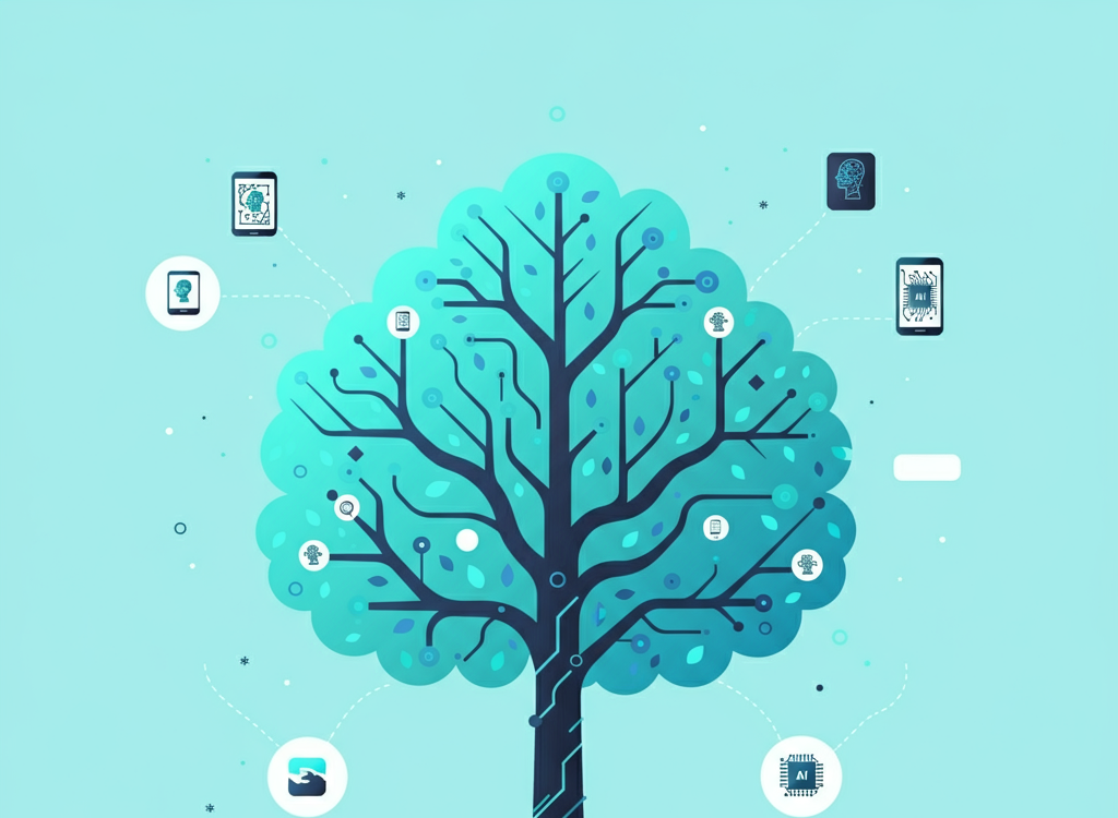 Digital tree with interconnected nodes symbolizing structured learning and technology.