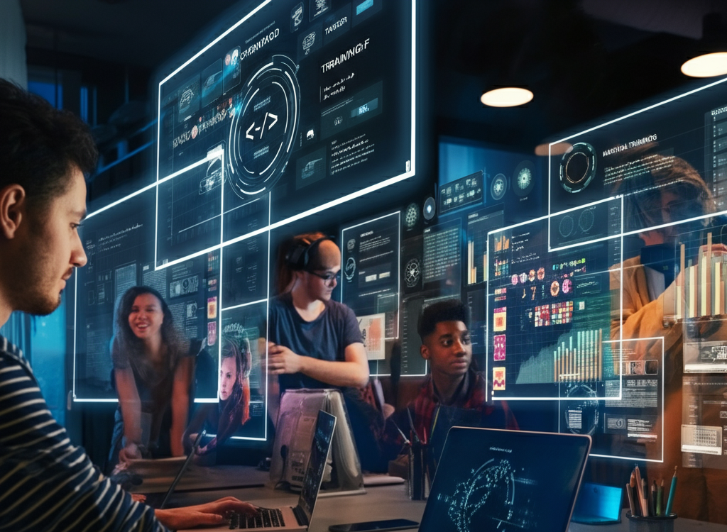 Diverse students collaborating in a futuristic tech training environment with data analytics and coding visuals.