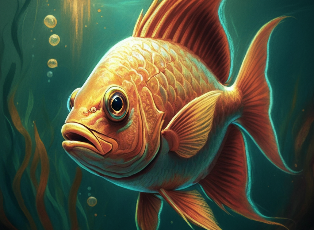 Pastel-style fish artwork inspired by Rita Kirkman, featuring glowing textures and abstract water backgrounds.