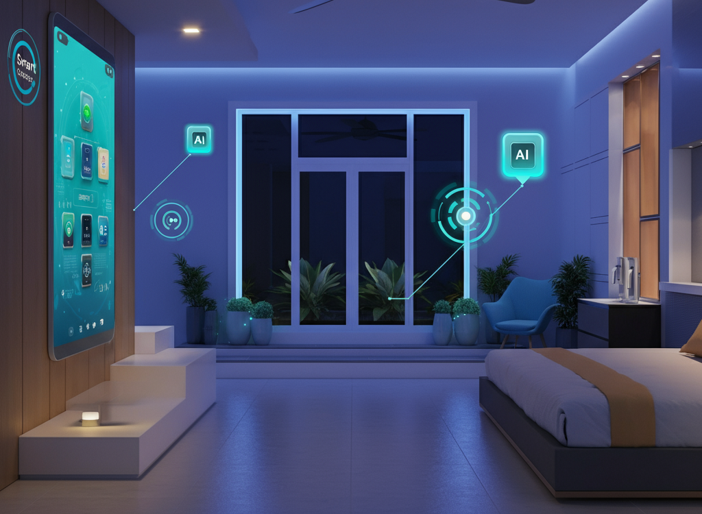 Futuristic smart home in India with AI-powered automation and energy-efficient systems.