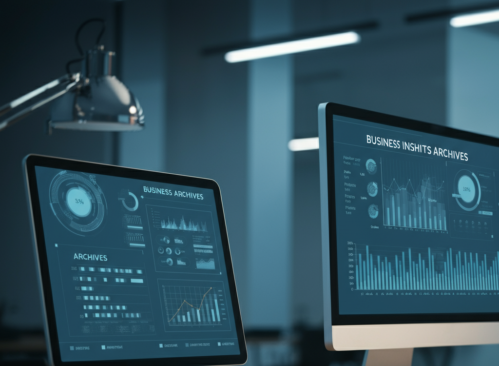 Modern office with business charts and digital archive interface.