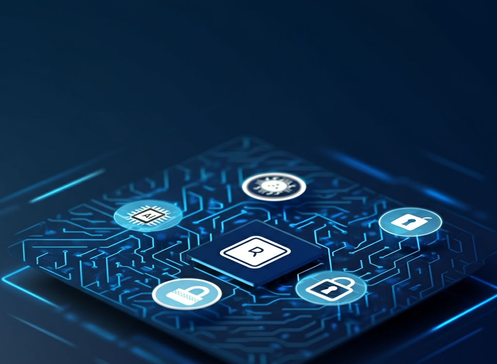 Futuristic digital network showcasing AI, blockchain, IoT, and cybersecurity.