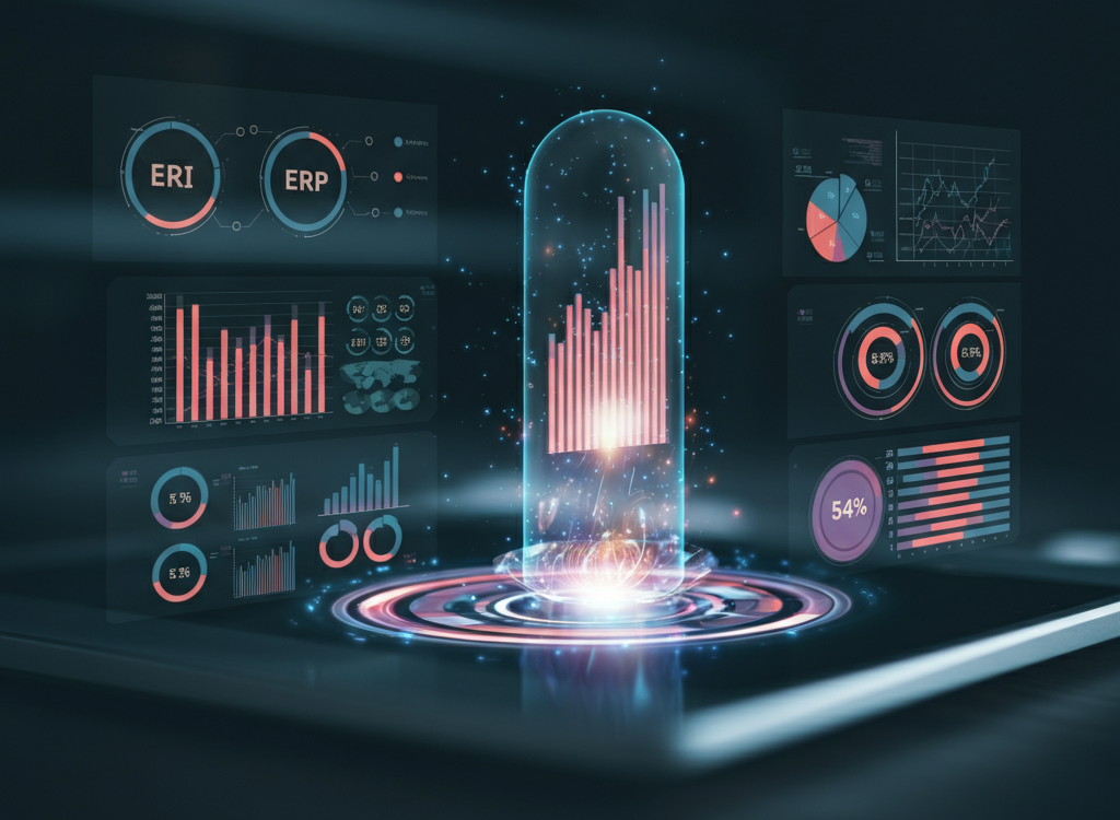 Futuristic depiction of AI-driven ERP systems revolutionizing business operations with interconnected digital networks and data analytics visuals.
