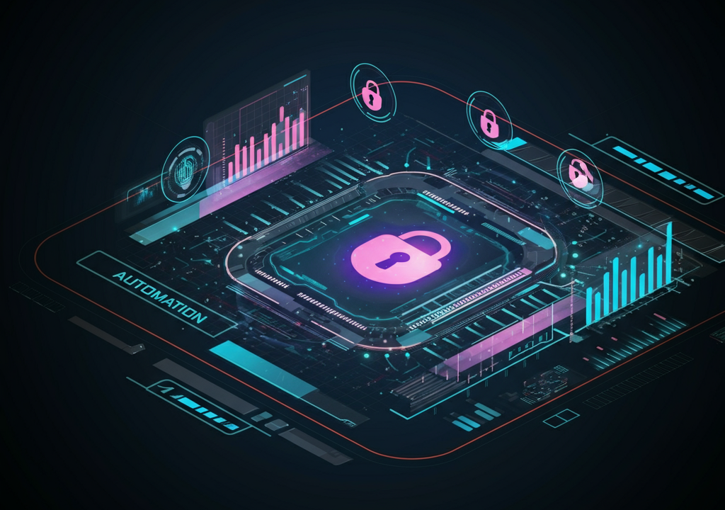 Futuristic digital interface representing APD4U9R with automation, cybersecurity, and data analytics.