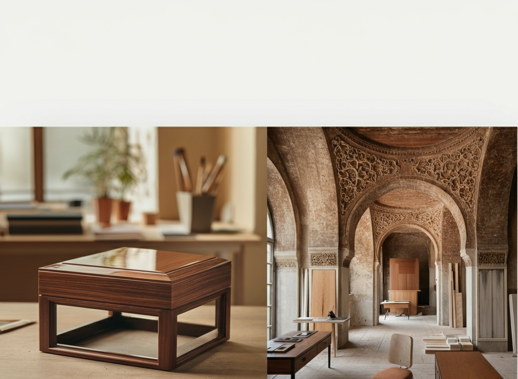 Polished wooden furniture and architectural details representing acamento, the art of adding the perfect final touch in design and craftsmanship.