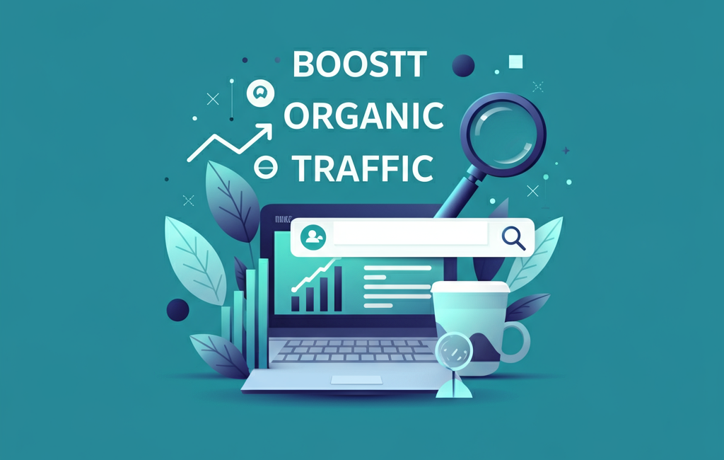 Illustration of digital marketing concepts with a graph showing upward growth, a magnifying glass over a search bar, and vibrant colors symbolizing organic traffic growth.