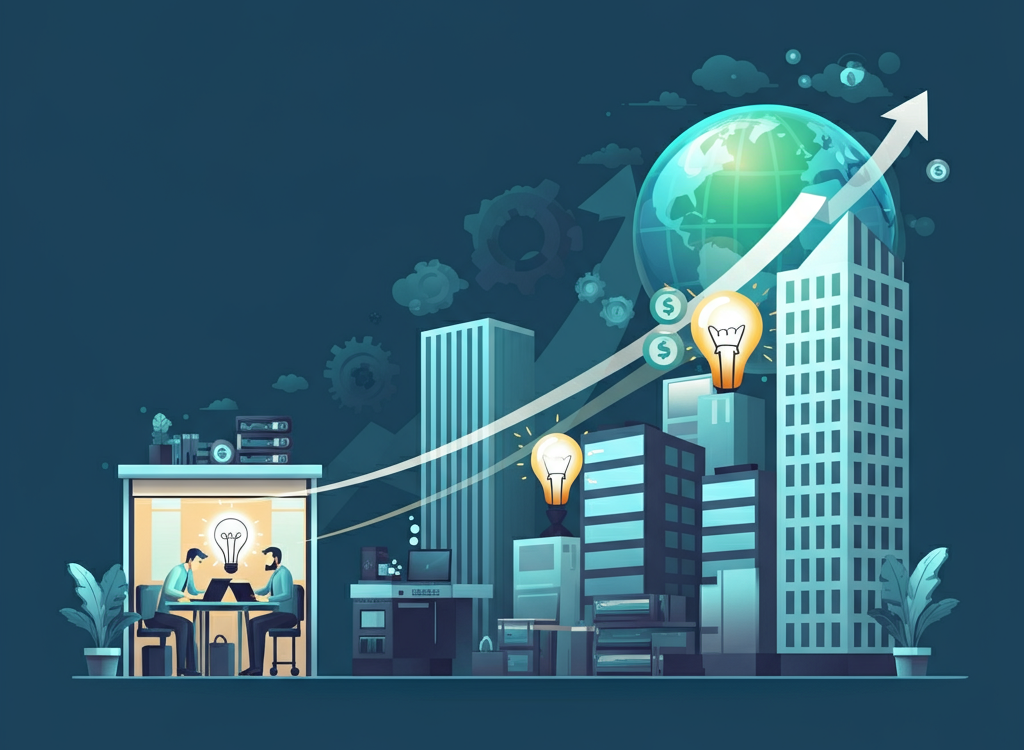 A visual representation of business growth strategies, showing a startup evolving into a global enterprise with growth arrows and a globe.