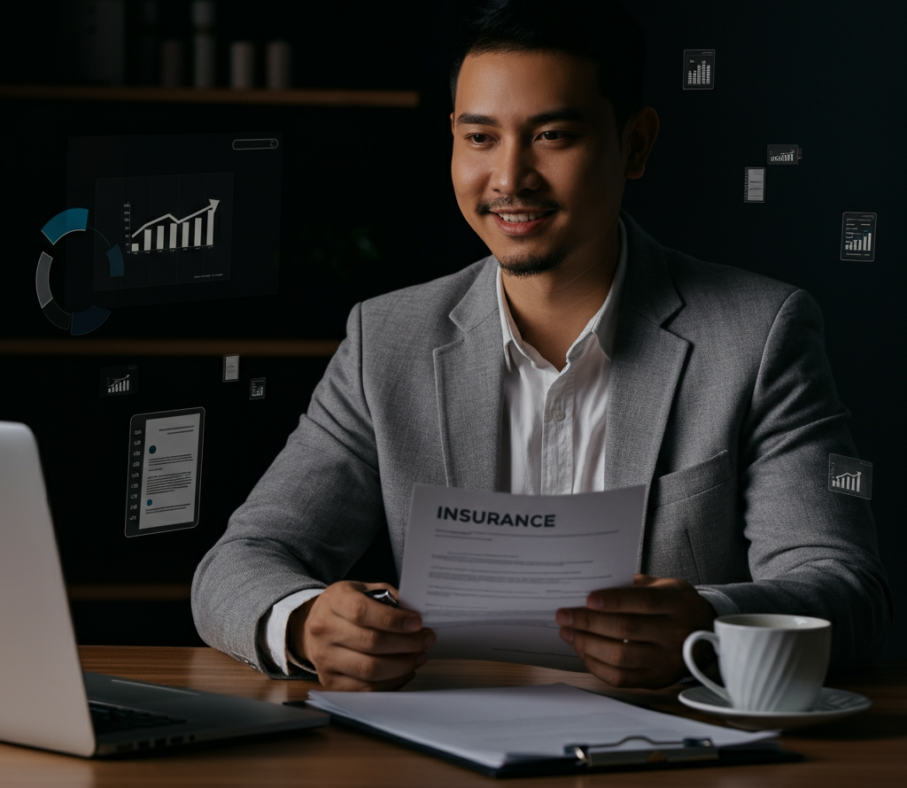 Confident professional reviewing business insurance documents in a modern office setting with charts symbolizing financial security.