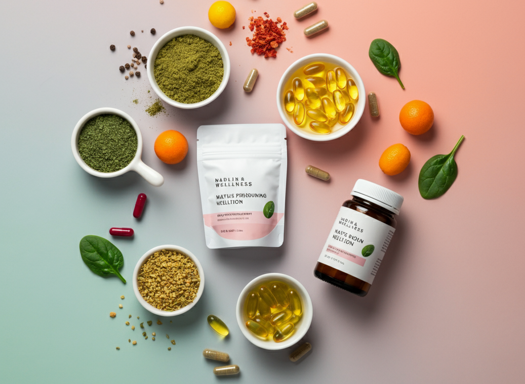 A vibrant display of natural wellness ingredients including herbs, fruits, and supplements, symbolizing the health benefits of Candizi.