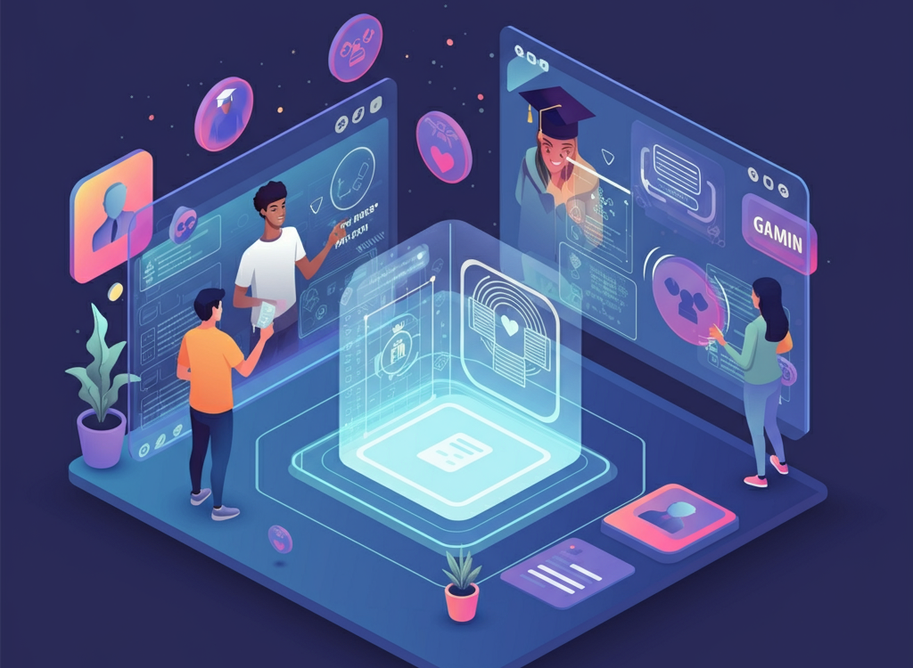 Futuristic online learning platform with students using AI tools.