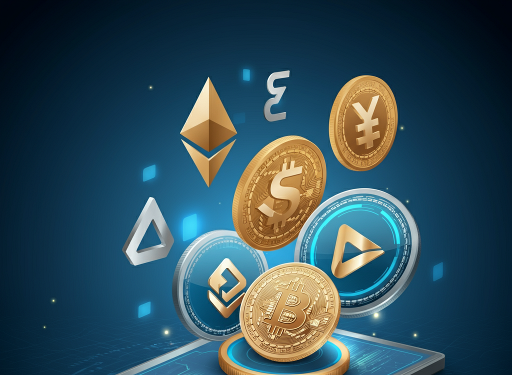 Futuristic financial theme with crypto symbols and blockchain graphics.