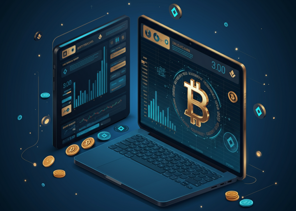A futuristic cryptocurrency trading platform interface with glowing charts, blockchain elements, and a secure digital wallet.