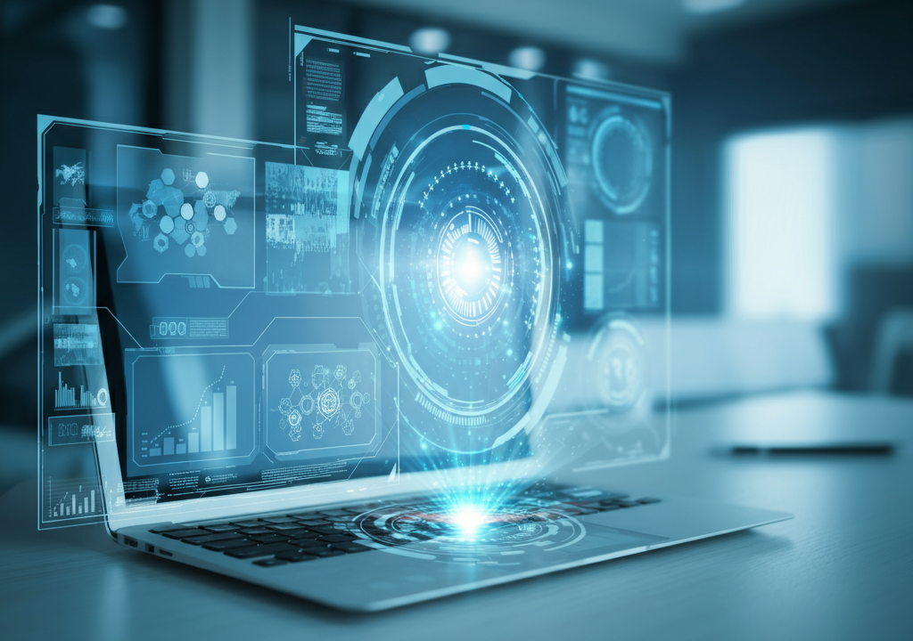 A sleek, modern design showcasing holographic interfaces and data analytics in a professional business setting.