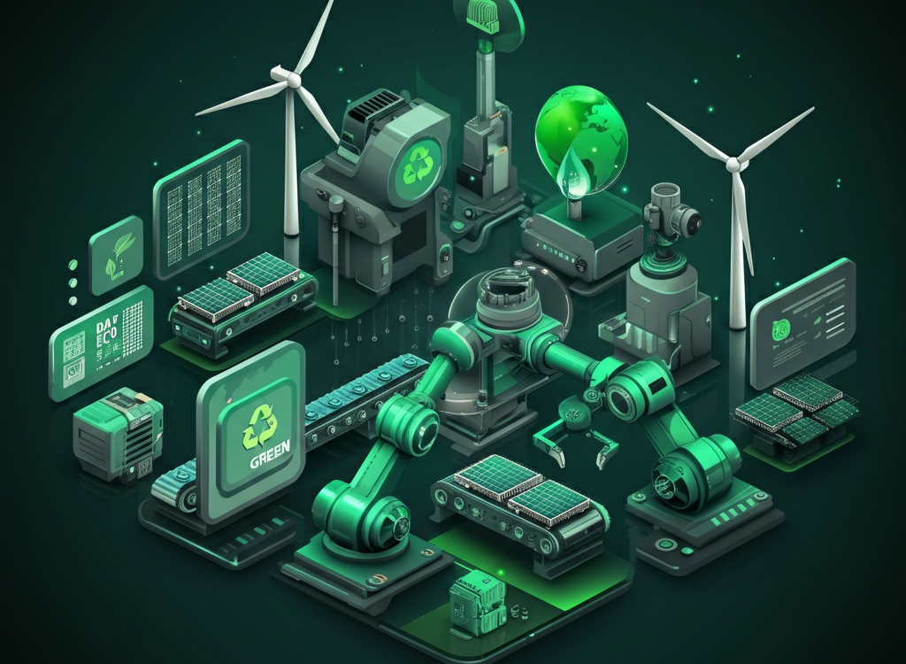 Illustration of Dozmixsiw154 hybrid technology system with AI, green energy, and industrial automation elements.