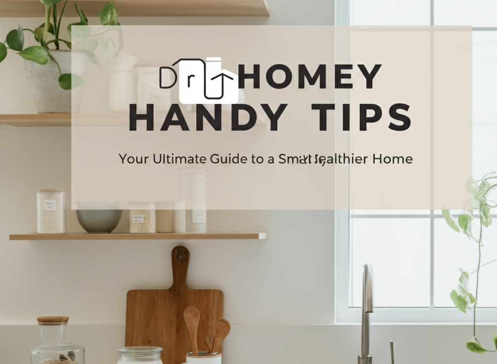 Cozy, organized modern home interior with natural lighting, clean countertops, and shelves, supporting the blog topic "DrHomey Handy Tips.