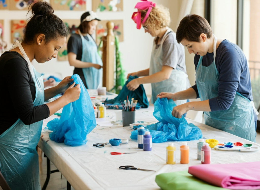 A group of people creating crafts and costumes with drop cloths at a fun DIY event.