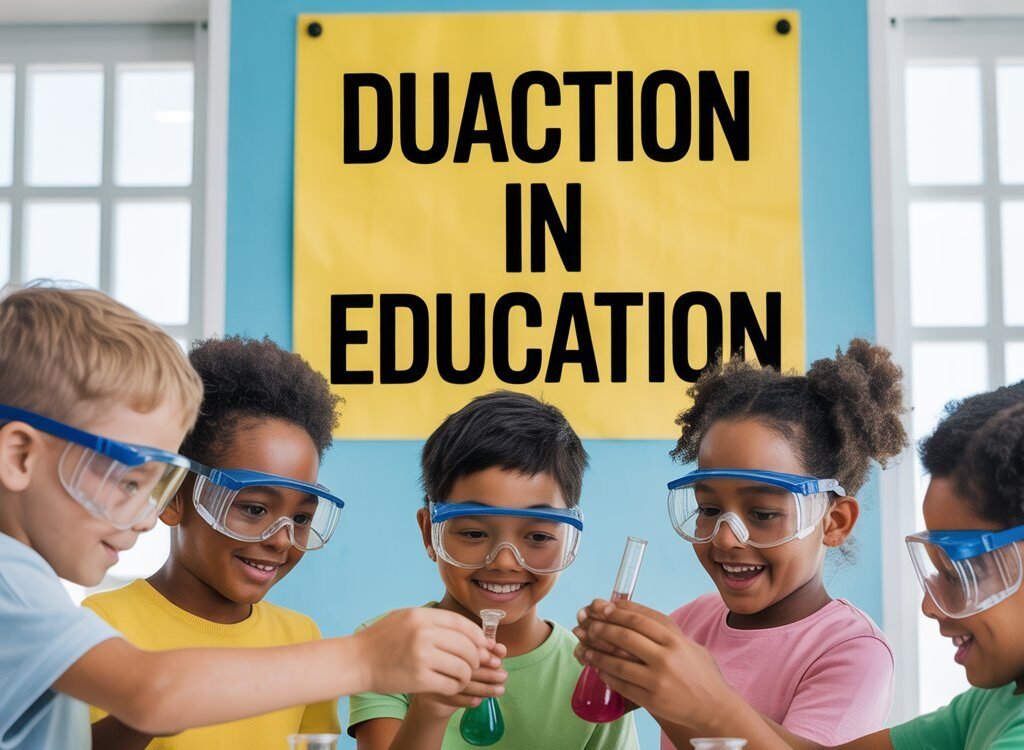 Students collaborating in a modern classroom, blending technology and hands-on activities to represent duaction in education.