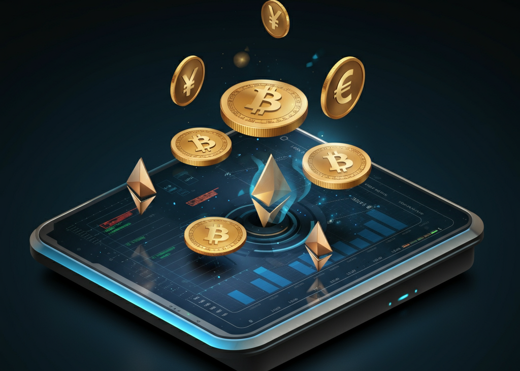 A modern feature image showcasing cryptocurrency symbols, a futuristic financial dashboard, and a sleek design in blue, silver, and gold.