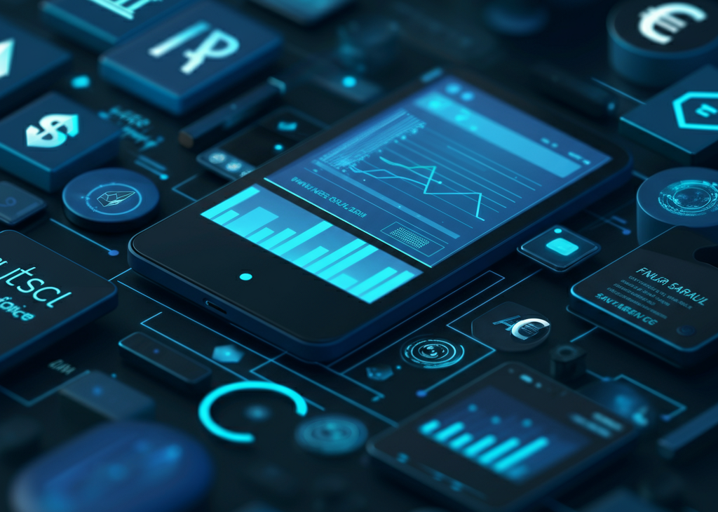 Financial technology theme with stock graphs, cryptocurrency symbols, and digital banking icons.