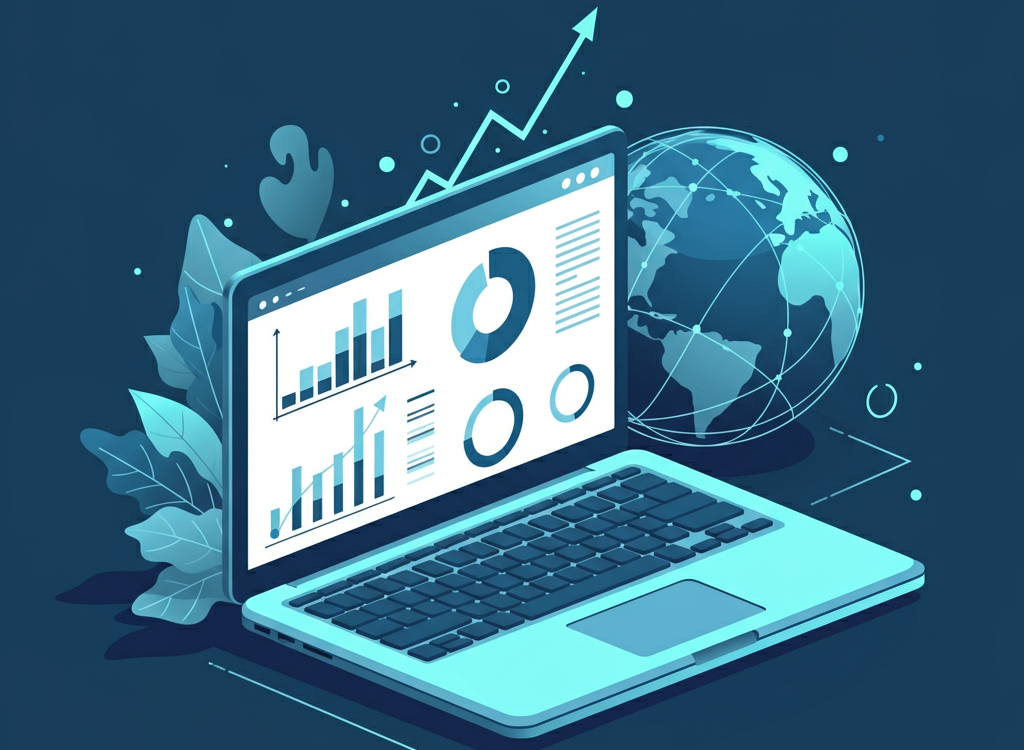 Illustration of digital business success with a laptop, charts, and a globe.