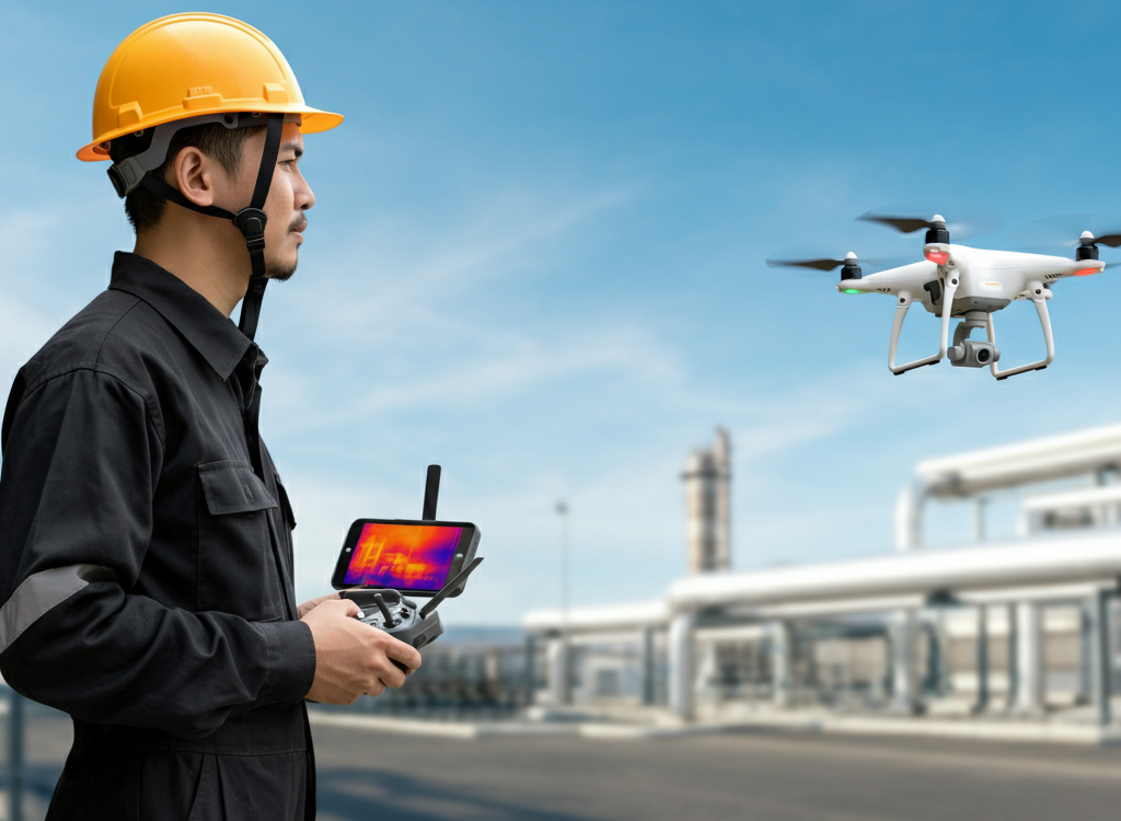 Professional conducting a high-tech inspection with a drone and thermal imaging equipment in an industrial setting.