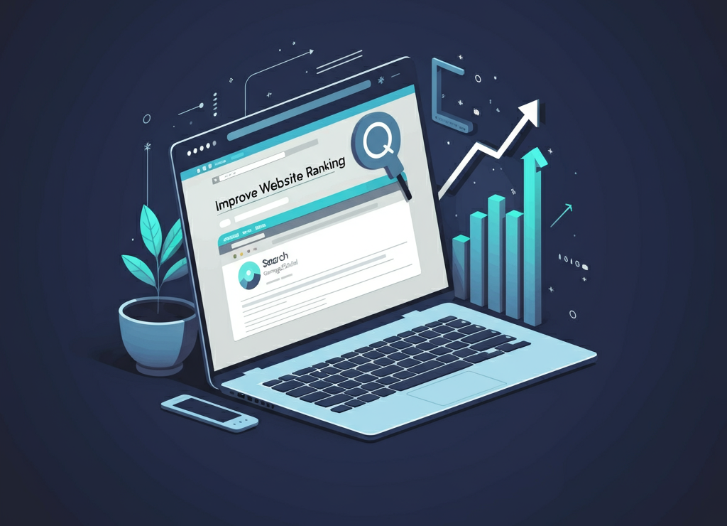 Illustration of website ranking improvement with upward-trending graphs, a laptop, and digital marketing elements, symbolizing SEO success with Garage2Global.