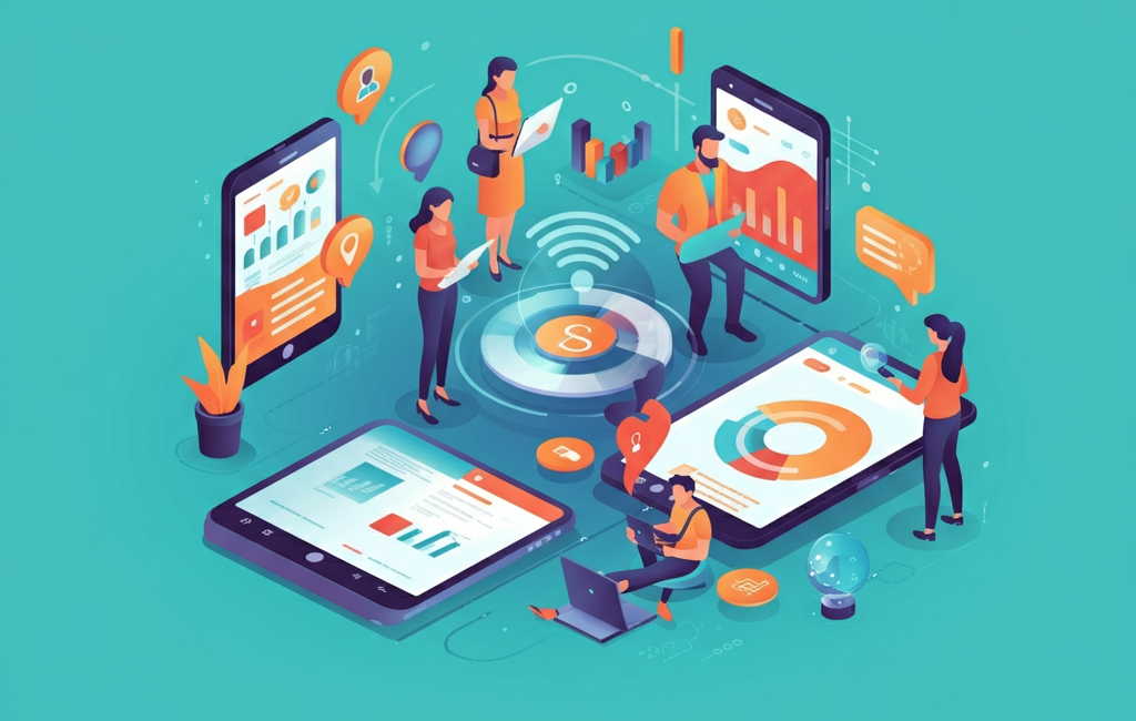 Illustration of Insetprag showcasing technology integration, data analytics, and community collaboration.