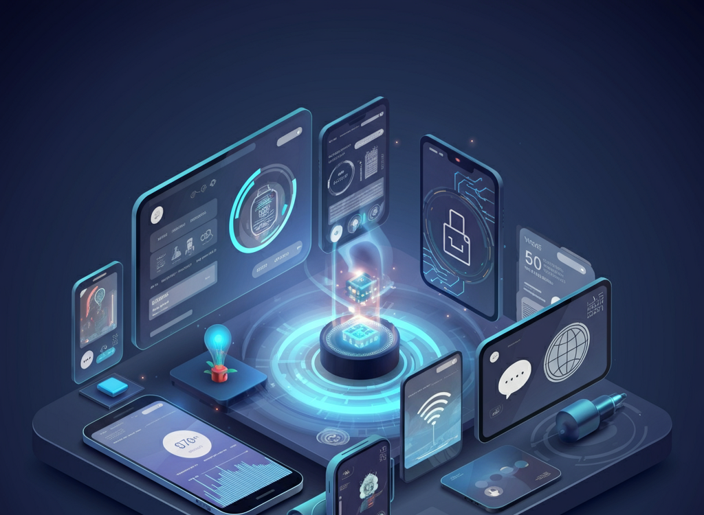Futuristic technology trends featuring AI, wearable tech, and smart home devices.