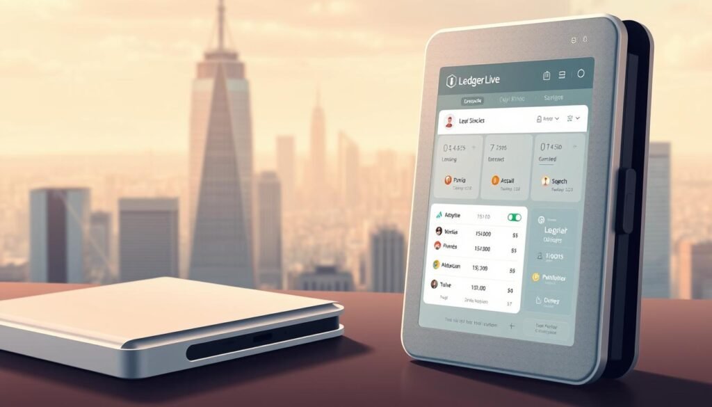Ledger Live app on tablet with cityscape