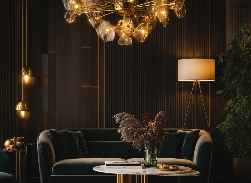 Elegant and sophisticated luxury interior design featuring high-end furniture, opulent decor, and a harmonious color palette.