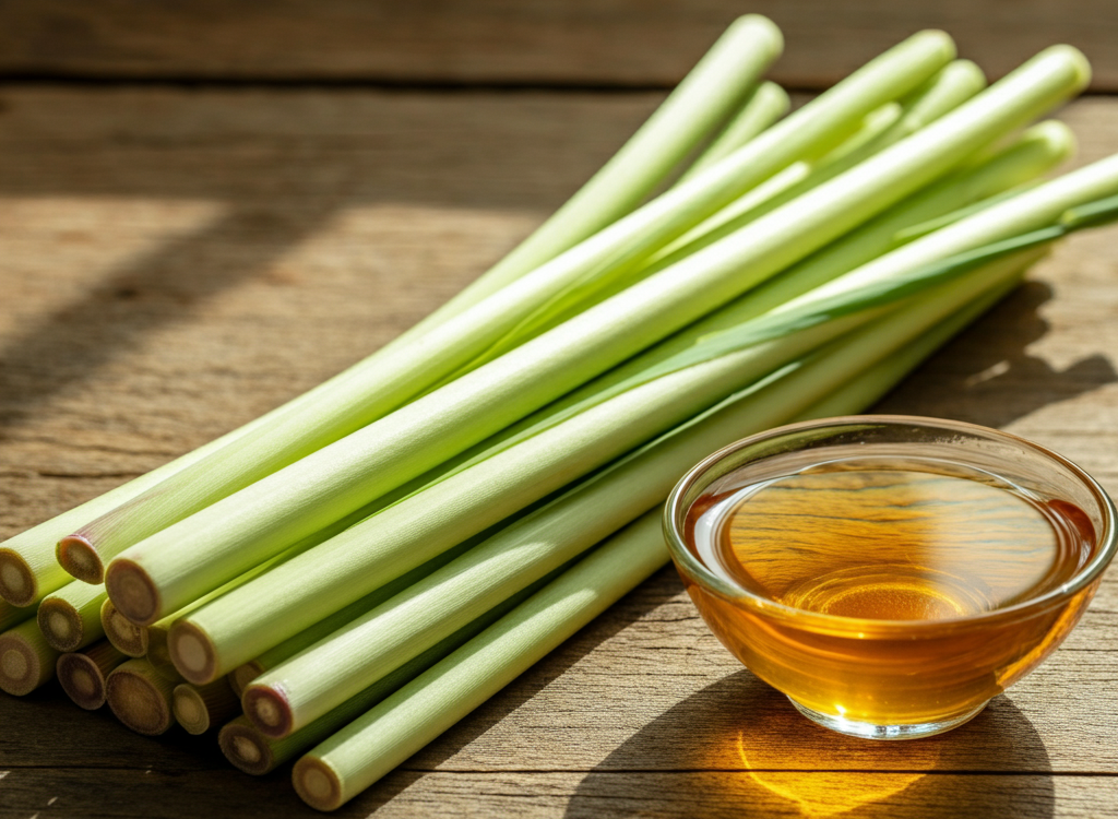 Fresh lyposingrass stalks on a rustic wooden table with a bowl of lyposingrass tea, symbolizing health and wellness.