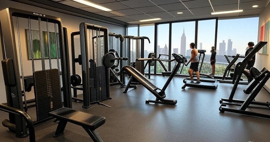 Modern gym with advanced equipment and city view highlighting benefits of joining Lumolog