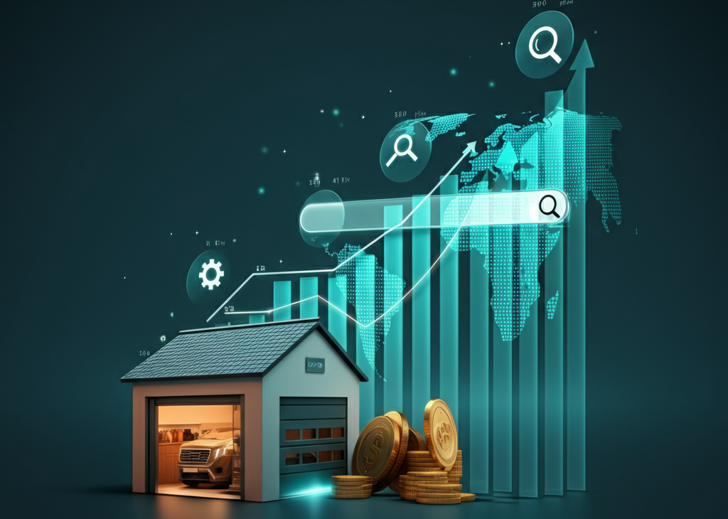 A digital illustration showing a small garage transforming into a global business with glowing digital elements like graphs, a search bar, and a world map, symbolizing SEO-driven growth.
