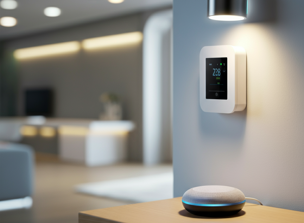 A modern smart home interior with advanced technology like smart lighting and a voice assistant.