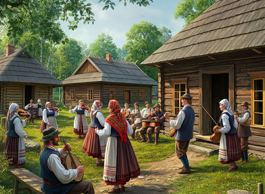 Traditional Lithuanian sodziu with wooden houses, greenery, and a cultural celebration.