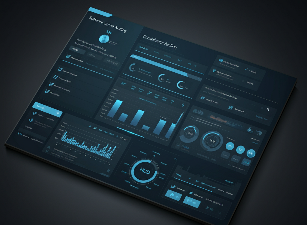 A modern dashboard interface for software license auditing, featuring graphs and compliance checklists.