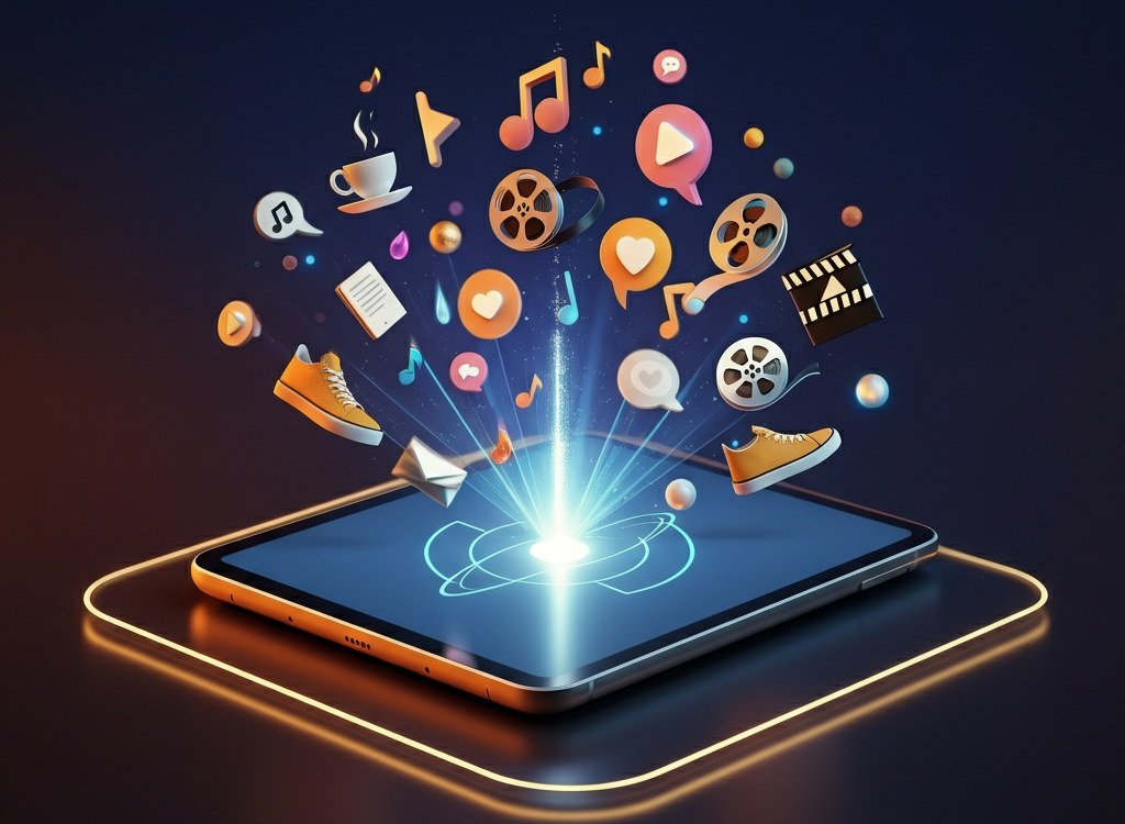 A vibrant digital illustration of a tablet emitting diverse digital content icons, symbolizing connectivity, entertainment, and a rich digital experience.