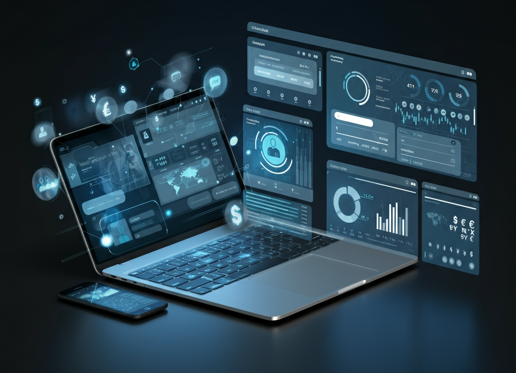 Futuristic digital workspace with AI and monetization tools.