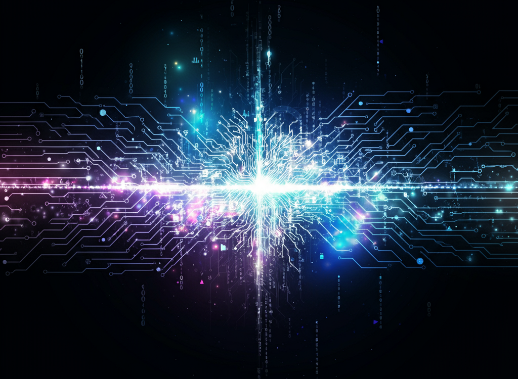 Futuristic digital landscape with interconnected technology, AI, and blockchain elements, symbolizing innovation and transformation.
