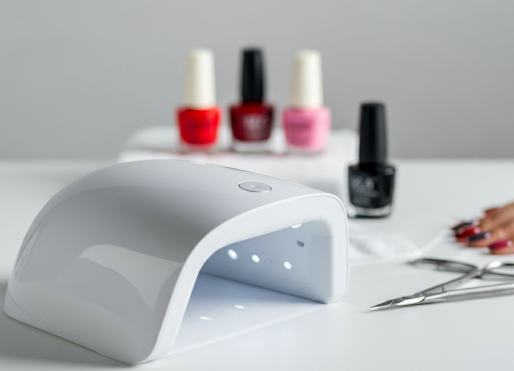 Sleek cordless nail lamp (YWMLFZ 48W Cordless) with gel polish setup.
