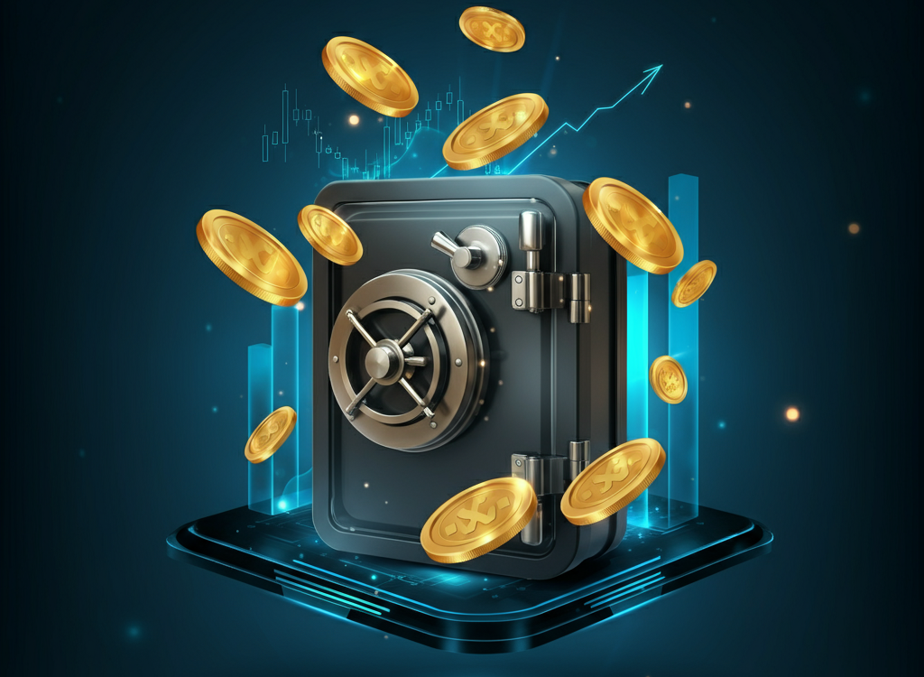 Futuristic cryptocurrency investment theme with digital coins, a secure vault, and a glowing financial graph.